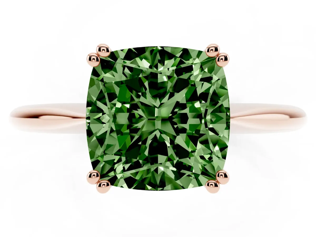 Fancy Green Cushion Cut Solitaire Diamond Ring with Six-Prong Setting and Classic Band Rose gold