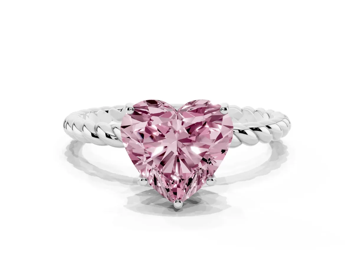 Fancy Pink Heart Cut Solitaire Twist Band Ring with Four-Prong Setting Silver