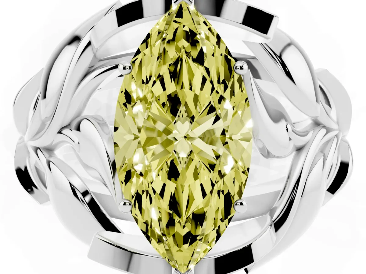Fancy Yellow Marquise Cut Diamond Leaf-Inspired Engagement Ring with Round Accents and Prong Setting Platinum