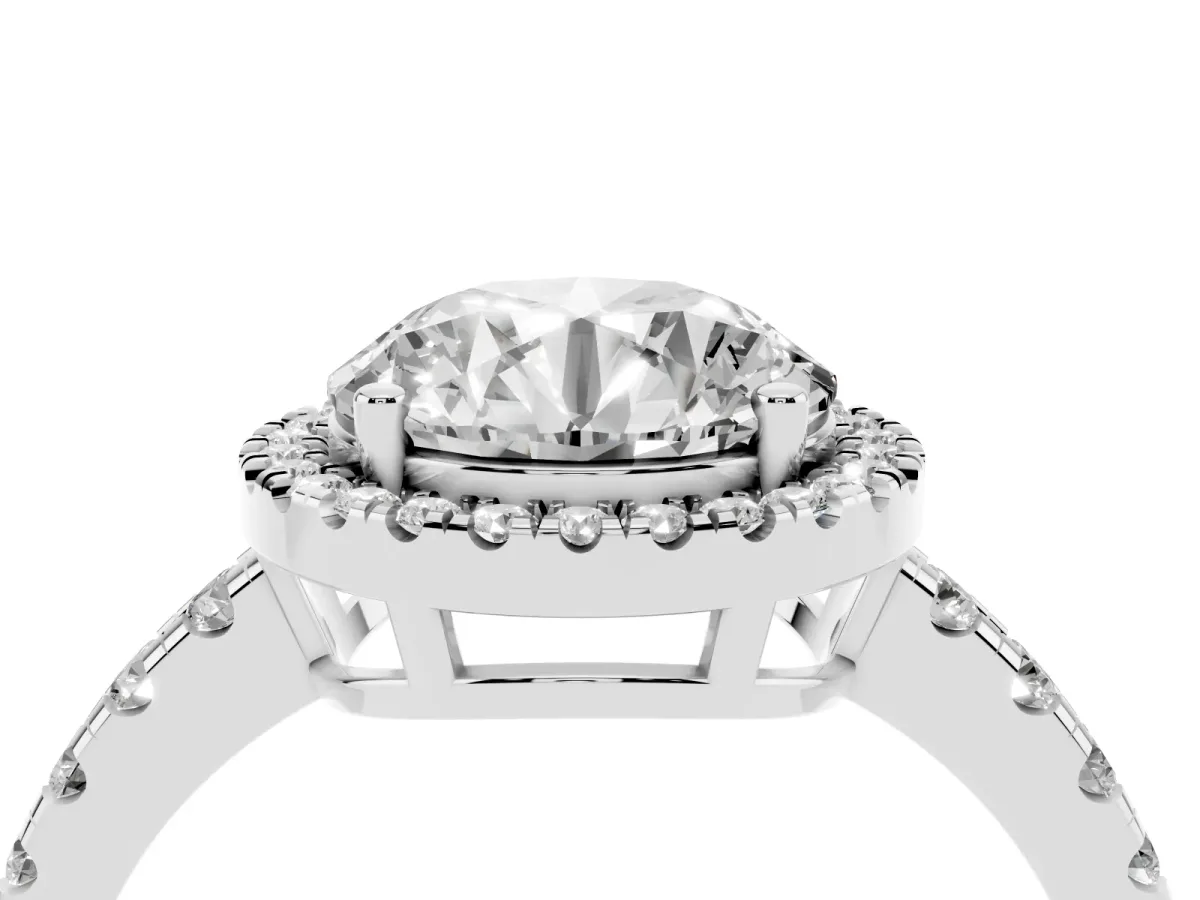 Round Cut Diamond Halo Ring with Pavé Band and Four-Prong Setting Platinum