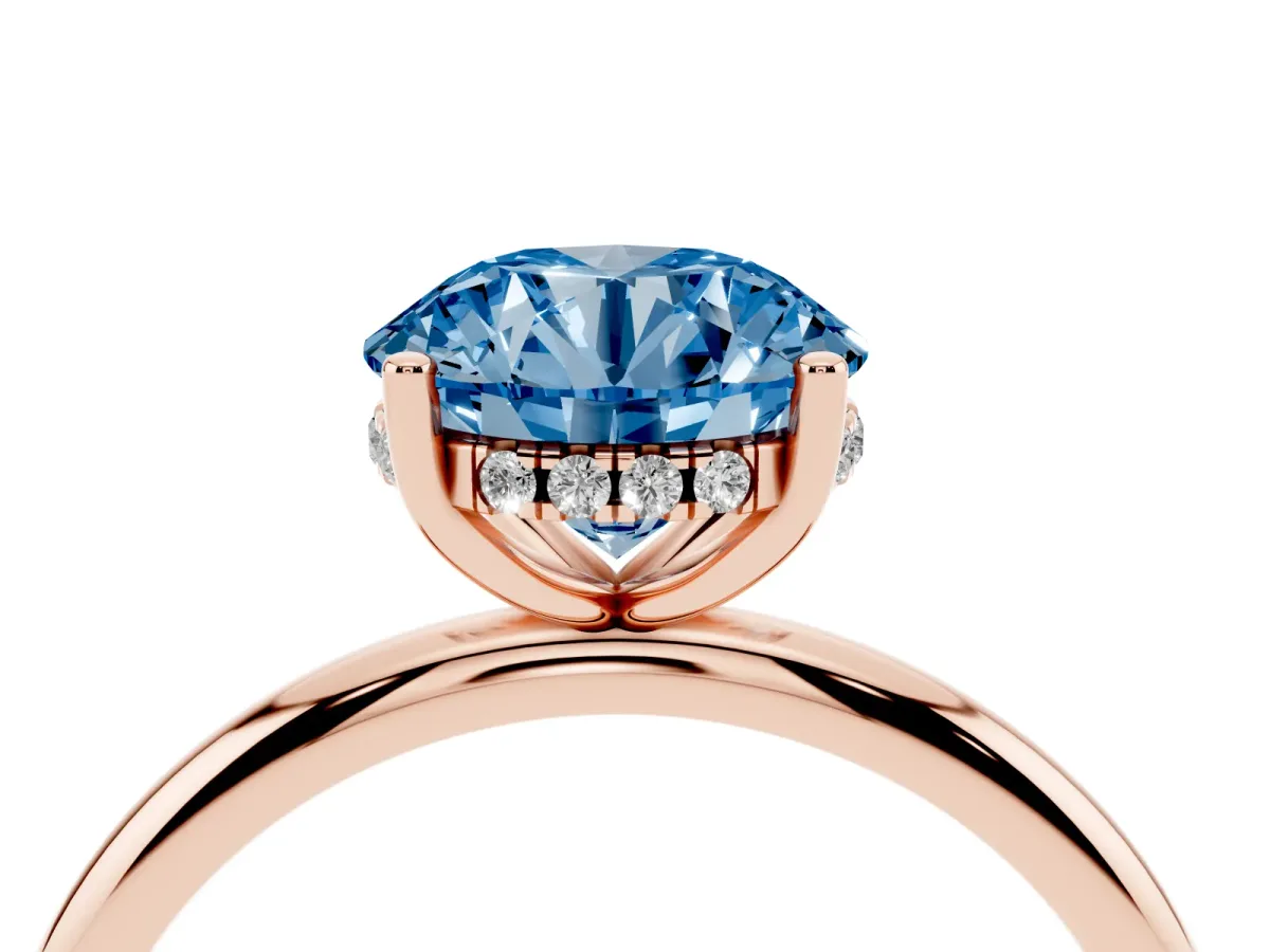 Fancy Blue Round Cut Cut Solitaire Engagement Ring with Four-Prong Setting and Classic Band Rose gold