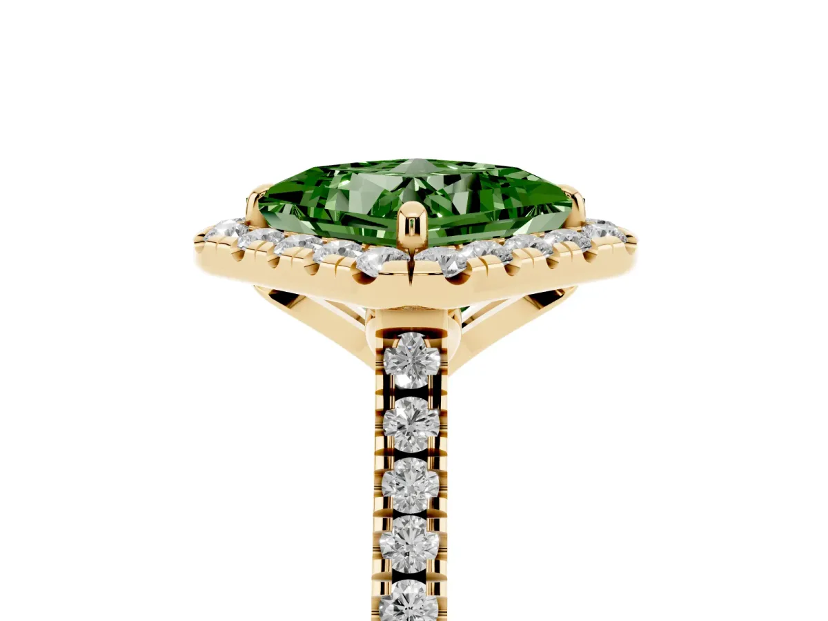 Fancy Green Princess Cut Diamond Cushion Halo Ring with Pavé Band Yellow gold