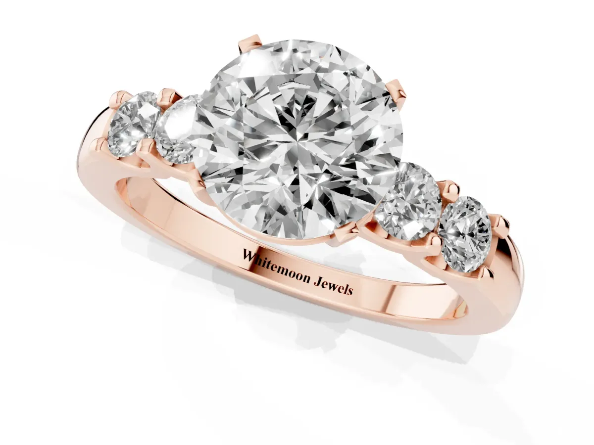 Round Cut Brilliant Cut Diamond Five-Stone Prong Set Engagement Ring with Channel Band Rose gold