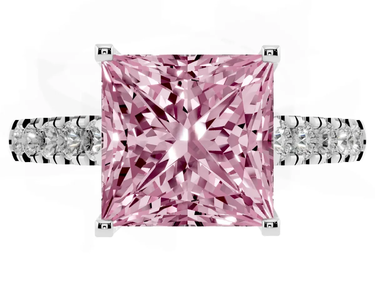 Fancy Pink Princess Cut Diamond Pavé Band Solitaire Ring with Prong Setting Platinum