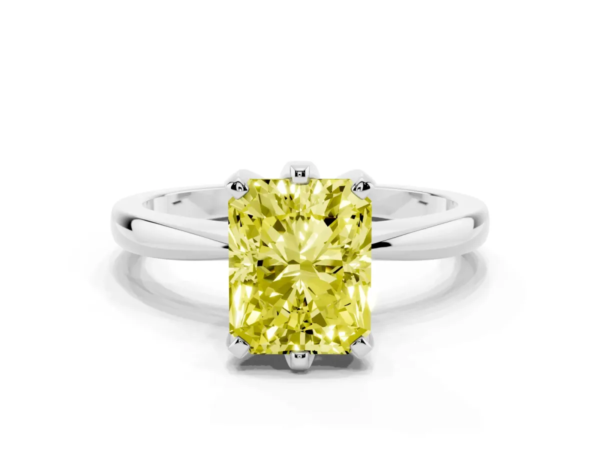 Fancy Yellow Radiant Cut Solitaire Engagement Ring with Six-Prong Setting and Tapered Band White gold