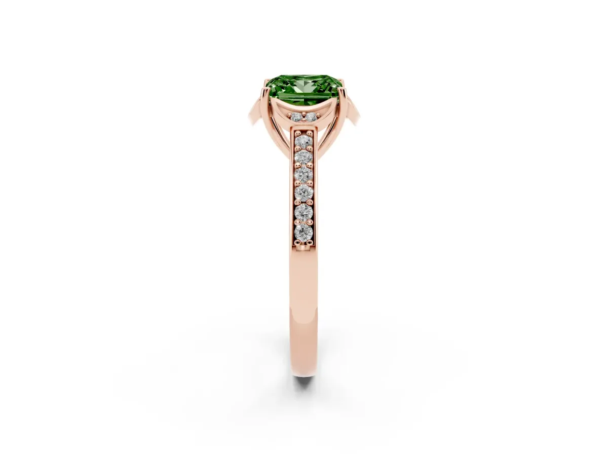 Fancy Green Princess Cut Cut Halo Diamond Ring with Channel Set Band and Four-Prong Setting Rose gold