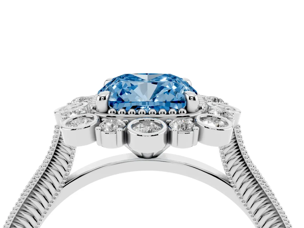 Fancy Blue Cushion Cut Halo Milgrain Pave Diamond Ring with Four-Prong Setting Silver
