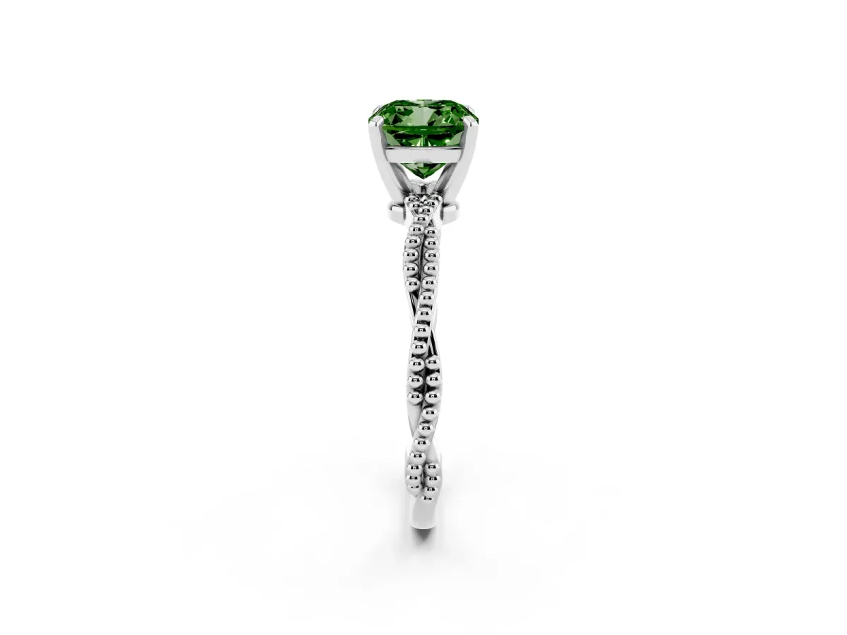 Fancy Green Cushion Cut Solitaire Twisted Band with Bead Prong Setting Silver