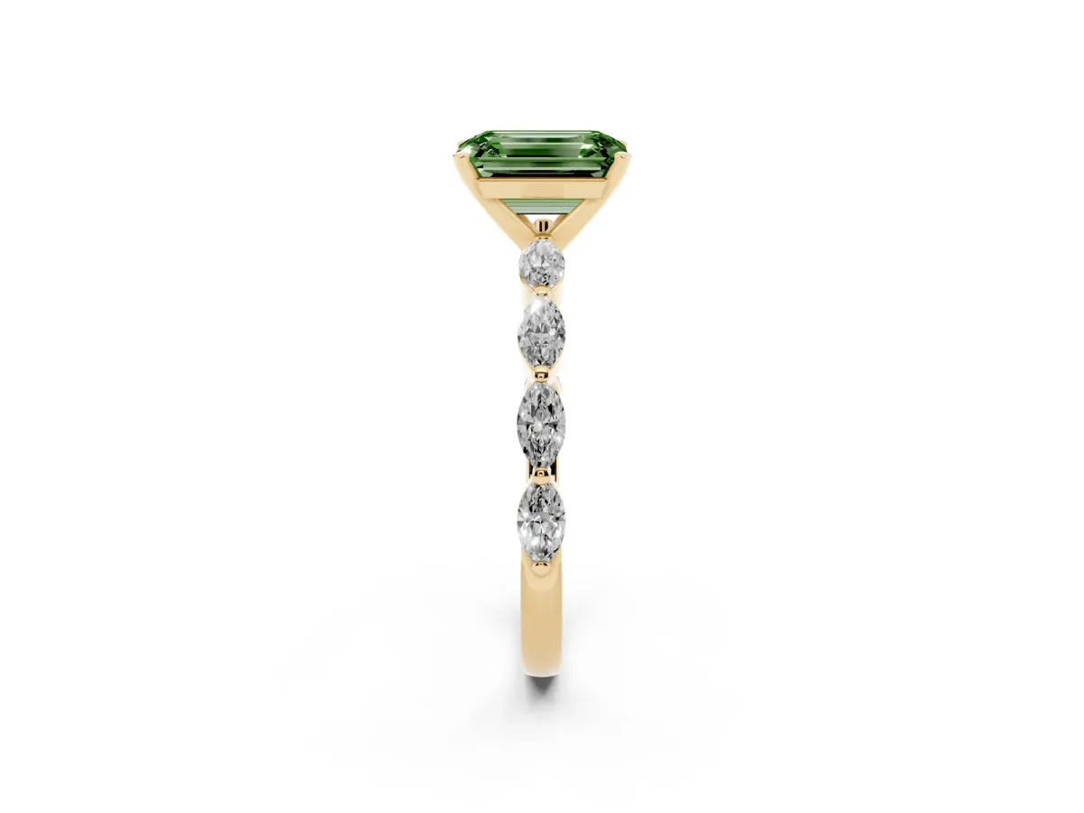 Fancy Green Emerald Cut Diamond Ring with Marquise Side Stones and Prong Setting Yellow gold