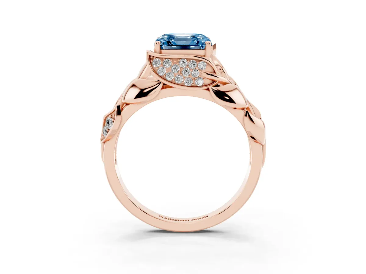 Fancy Blue Asscher Cut Diamond Leaf-Inspired Engagement Ring with Round Accents and Prong Setting Rose gold