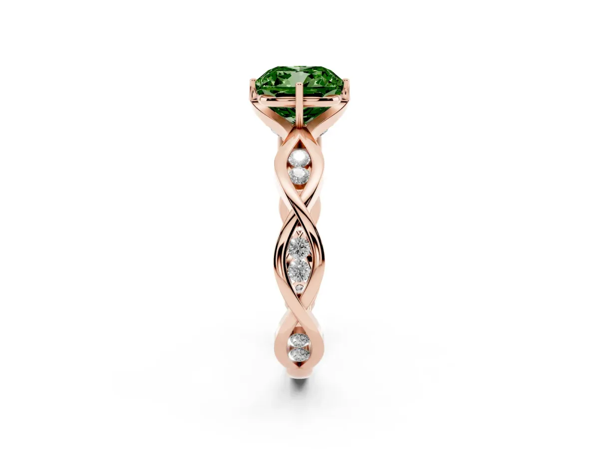 Fancy Green Cushion Cut Solitaire Twist Band with Leaf Prong Setting Rose gold