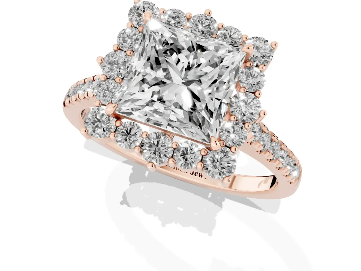 Princess Cut Halo Diamond Ring with Pavé Band and Prong Setting Rose gold