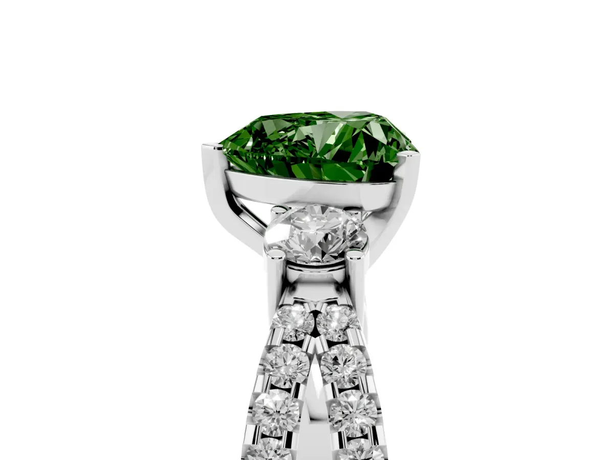 Fancy Green Heart Cut Diamond Three-Stone Ring with Pavé Split Shank and Four-Prong Setting Platinum