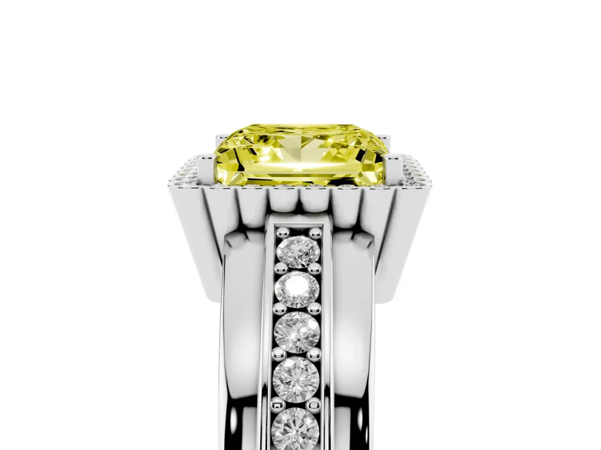 Fancy Yellow Princess Cut Cut Halo Pave Band Four-Prong Ring Silver