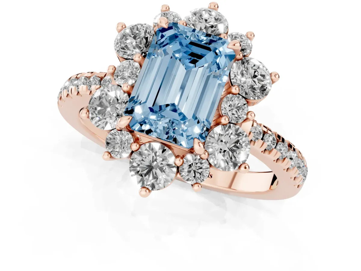 Fancy Blue Emerald Cut Diamond Floral Halo Ring with Round Pavé Band and Prong Setting Rose gold
