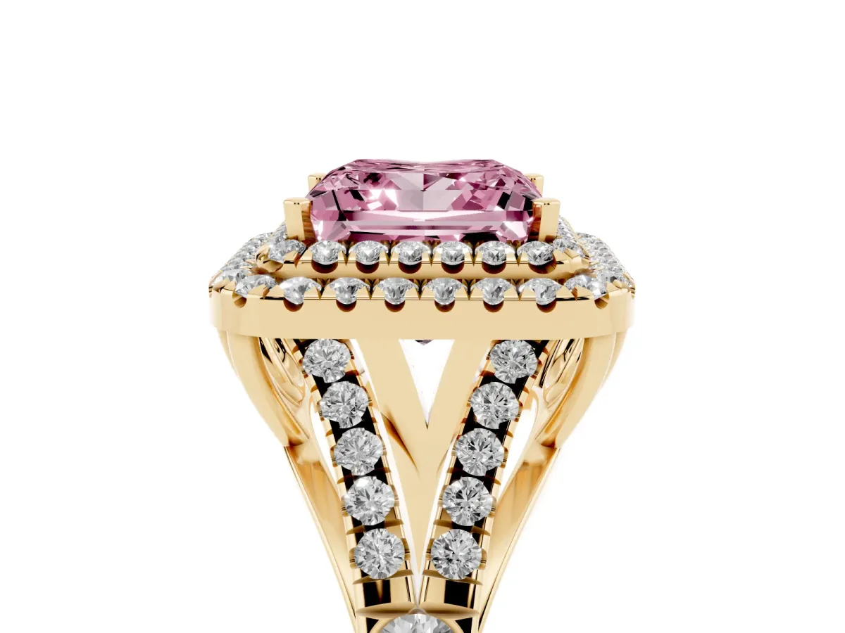 Fancy Pink Double Halo Princess Cut Diamond Split Shank Engagement Ring with Four-Prong Setting Yellow gold