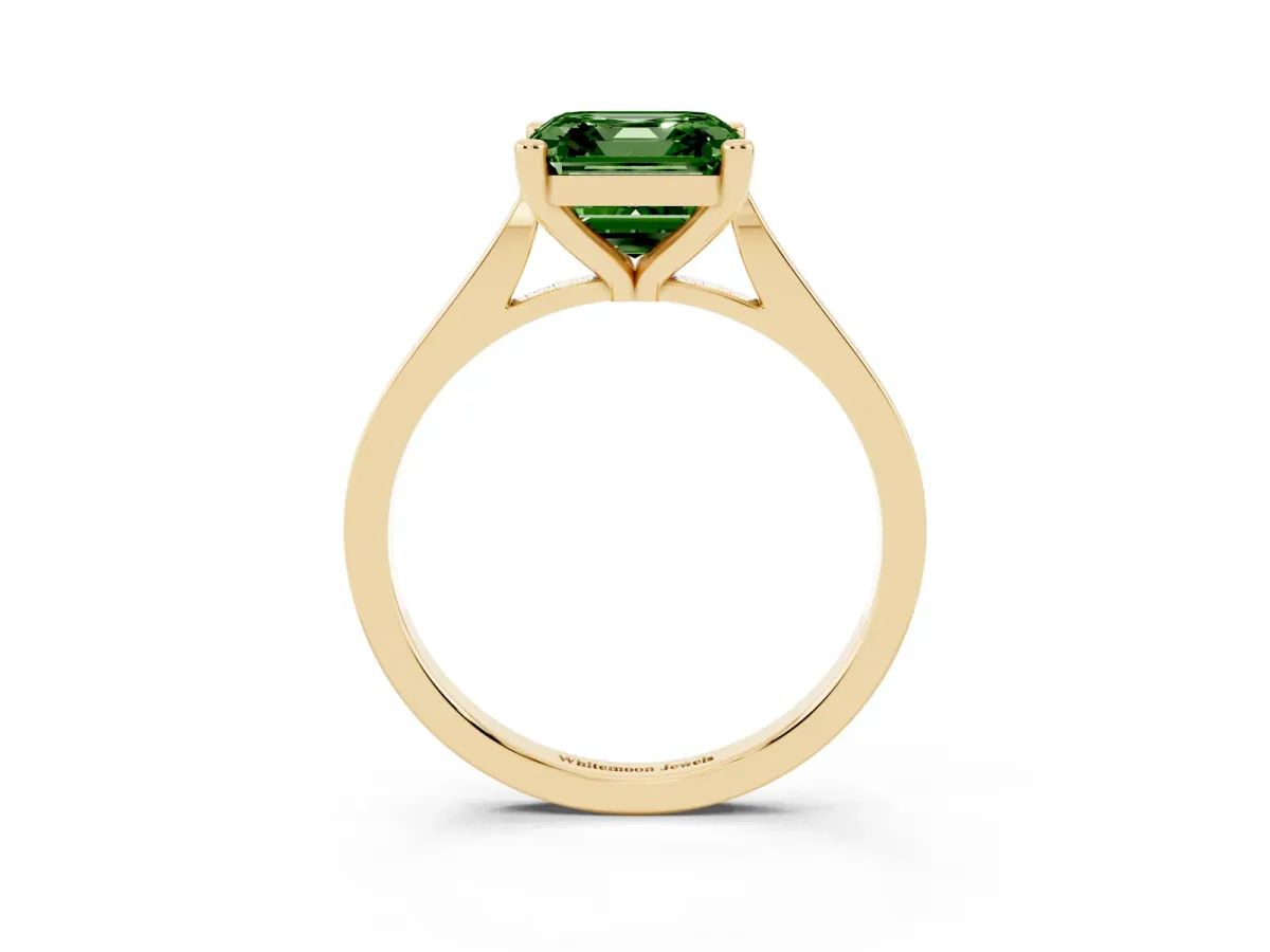 Fancy Green Asscher Cut Solitaire Diamond Ring with Four-Prong Setting and Tapered Band Yellow gold