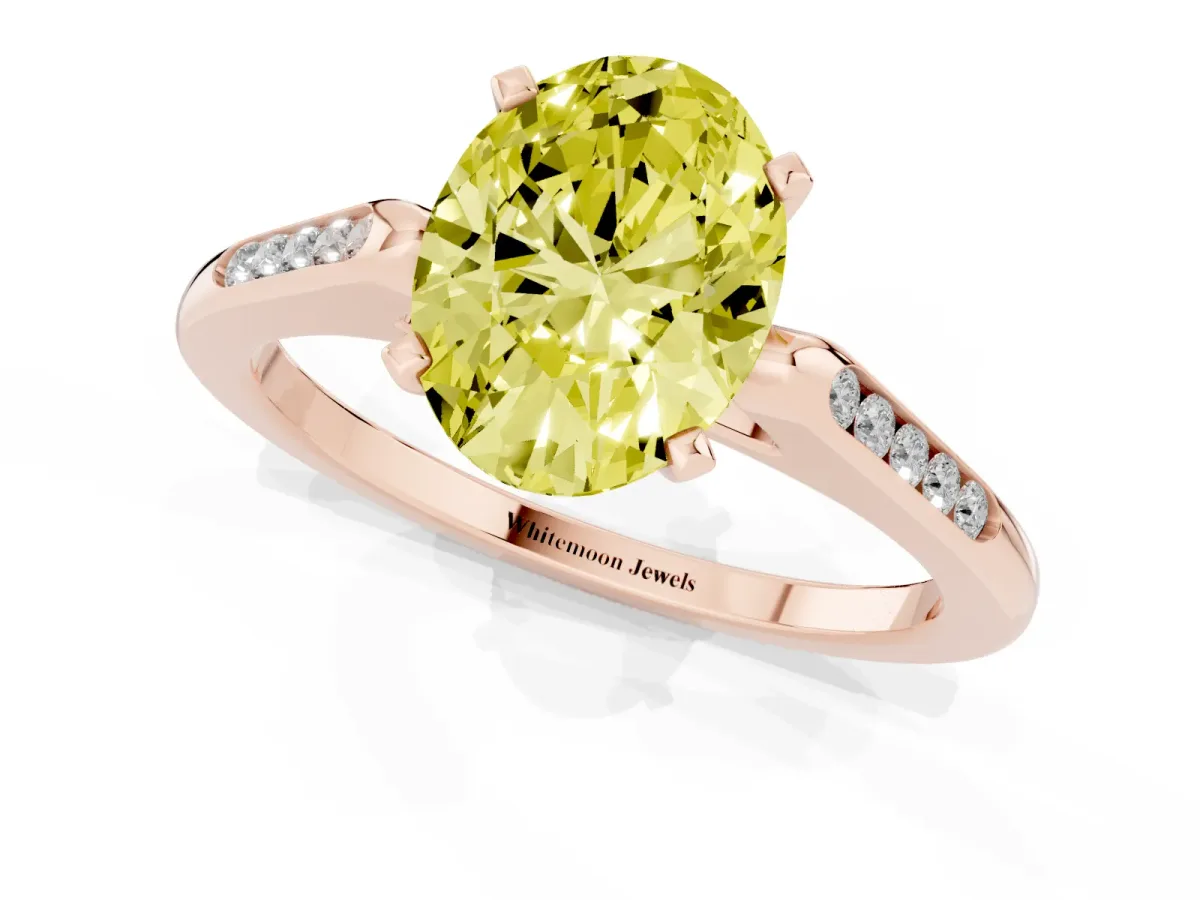 Fancy Yellow Oval Cut Diamond Solitaire Ring with Channel Set Round Band and Prong Setting Rose gold