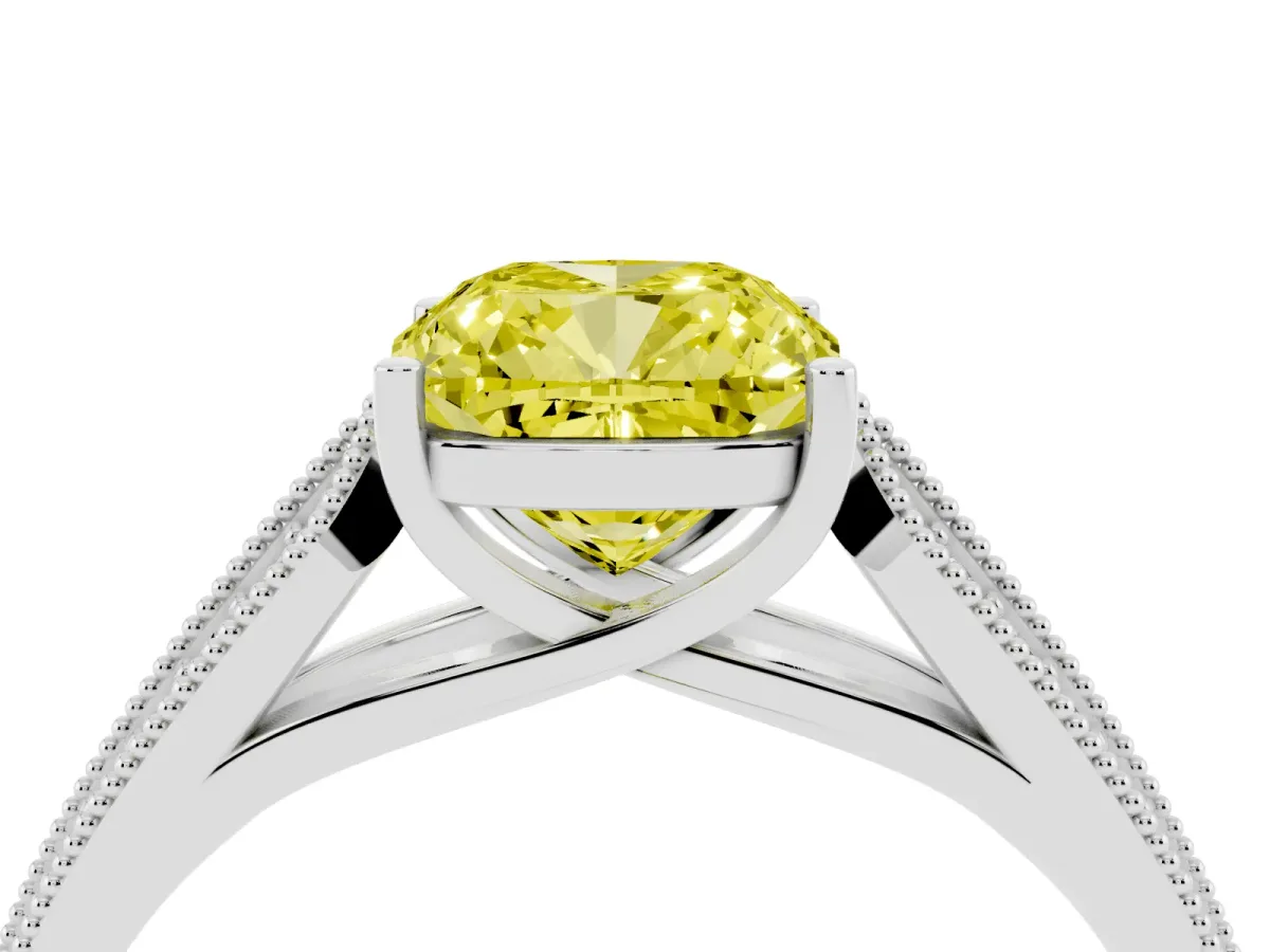 Fancy Yellow Cushion Cut Cut Pave Split Shank Engagement Ring with Four-Prong Setting White gold