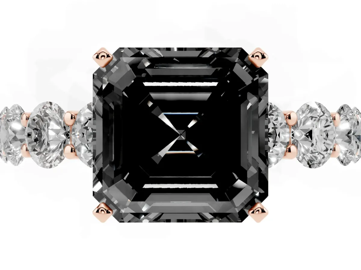Fancy Black Asscher Cut Diamond Prong Setting with Side Stones on a Pave Band Rose gold