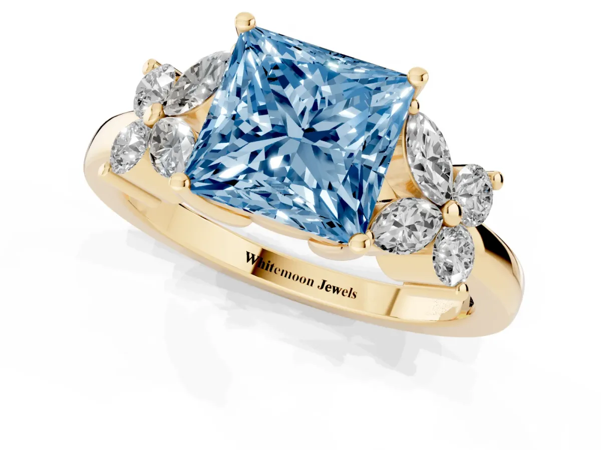 Fancy Blue Princess Cut Diamond Floral Cluster Ring with Solitaire Band and Prong Setting Yellow gold