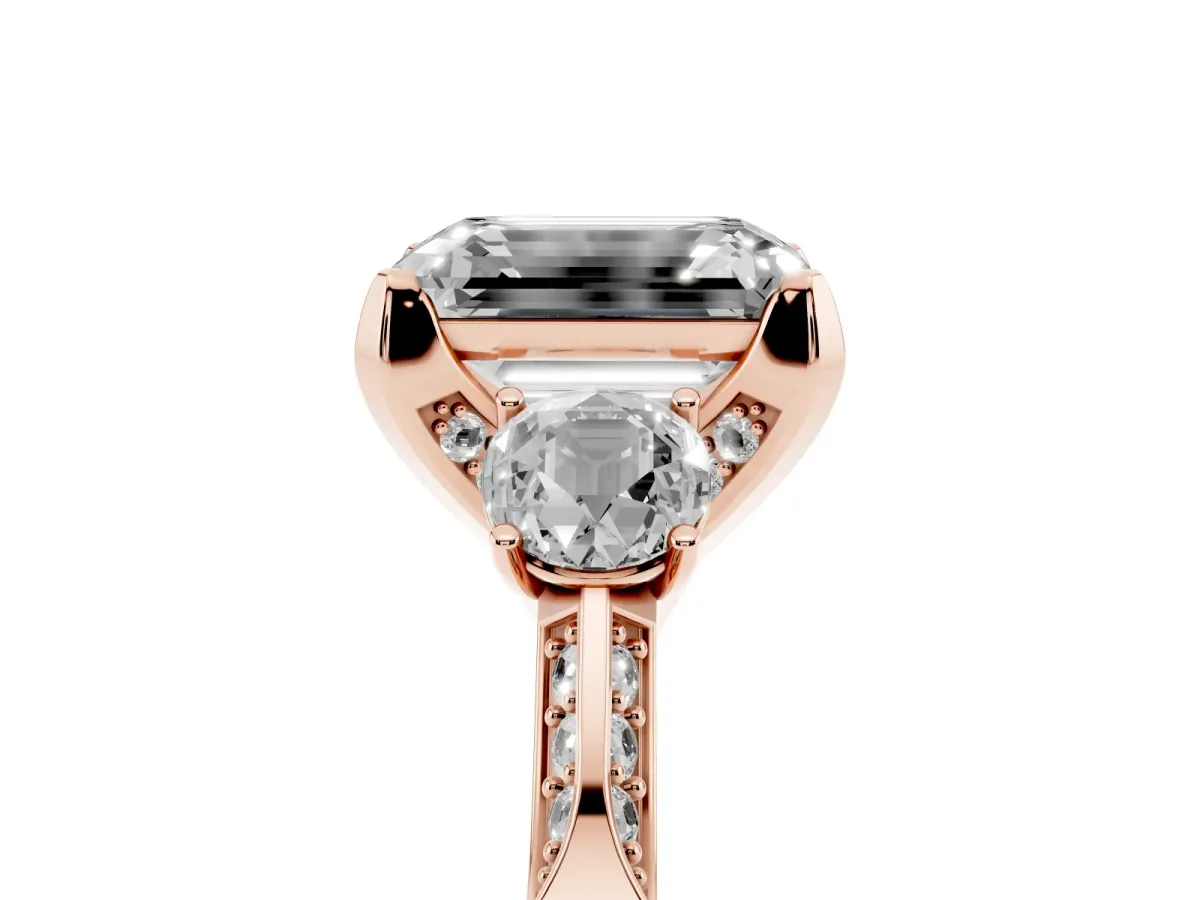 Fancy Yellow Emerald Cut Brilliant Three-Stone Diamond Ring with Pavé Band and Four-Prong Setting Rose gold