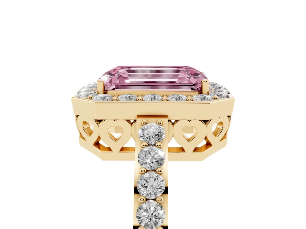 Fancy Pink Emerald Cut Halo Diamond Pavé Band Ring with Prong Setting Yellow gold