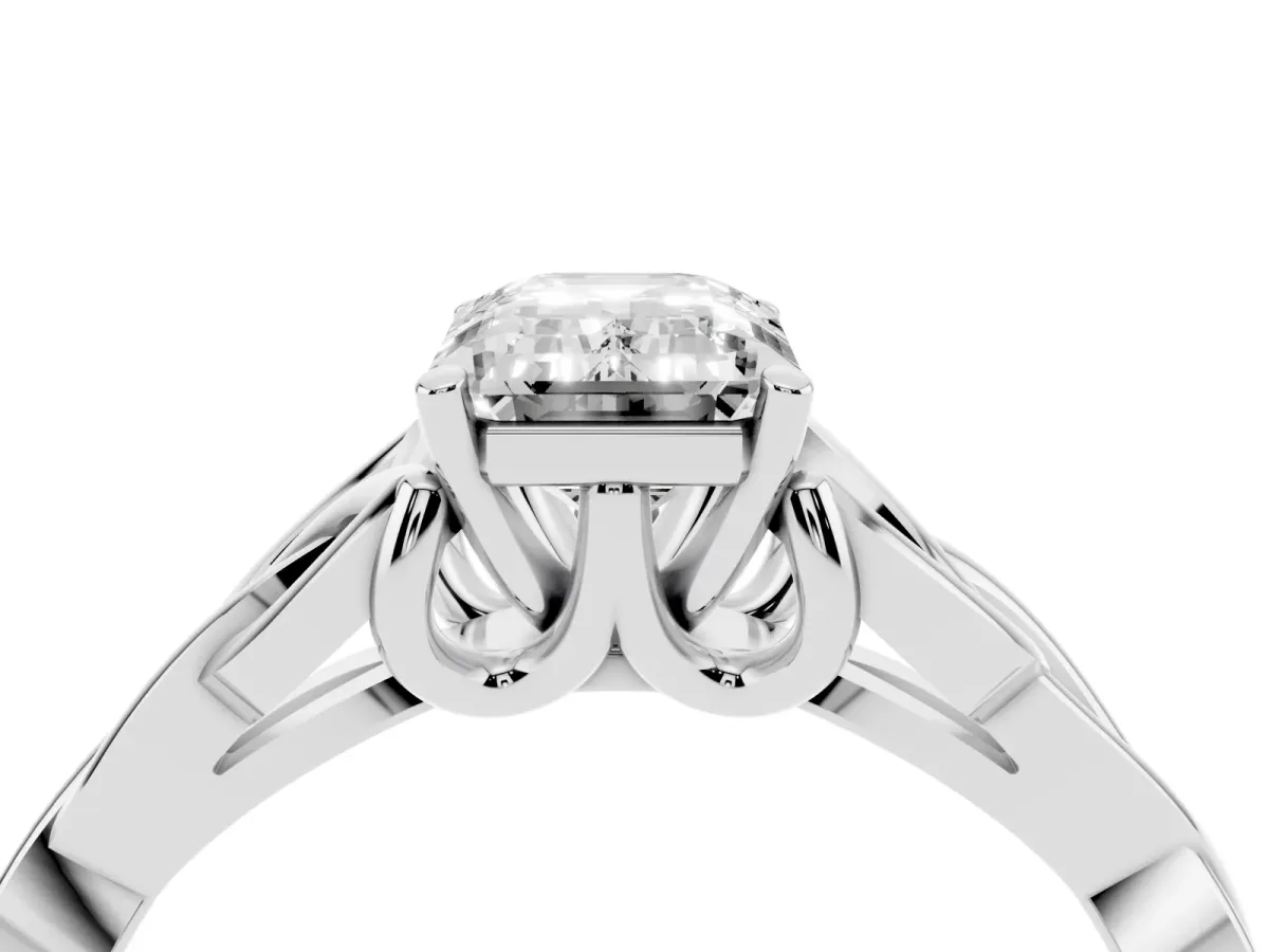 Emerald Cut Diamond Solitaire Engagement Ring with Celtic Knot Band and Four-Prong Setting Silver