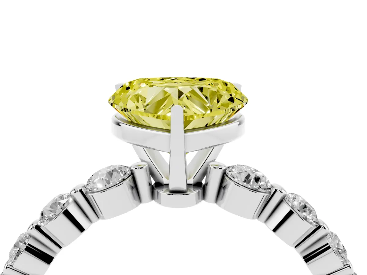 Fancy Yellow Heart Cut Solitaire Diamond Ring with Pave Band and Four-Prong Setting Silver