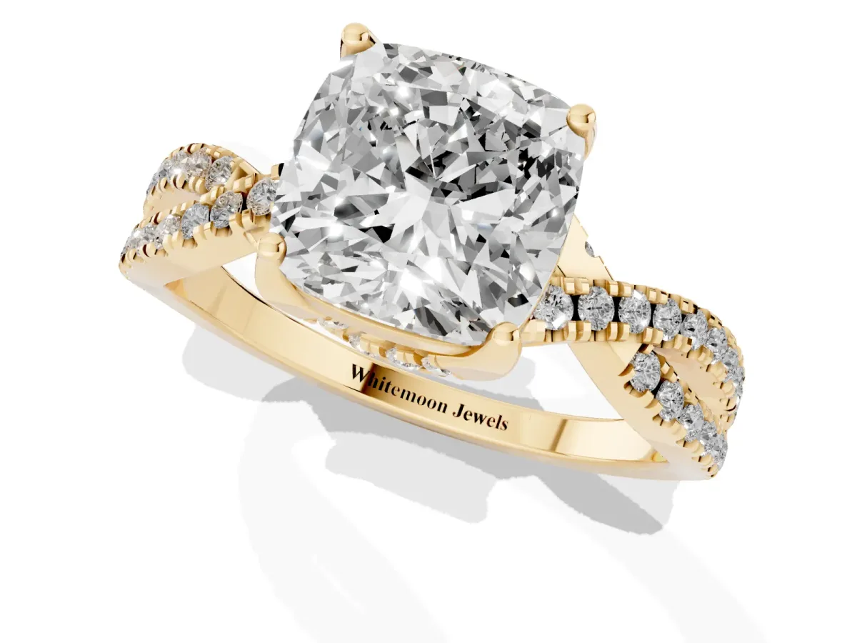 Cushion Cut Solitaire Twist Pave Diamond Engagement Ring with Prong Setting Yellow gold