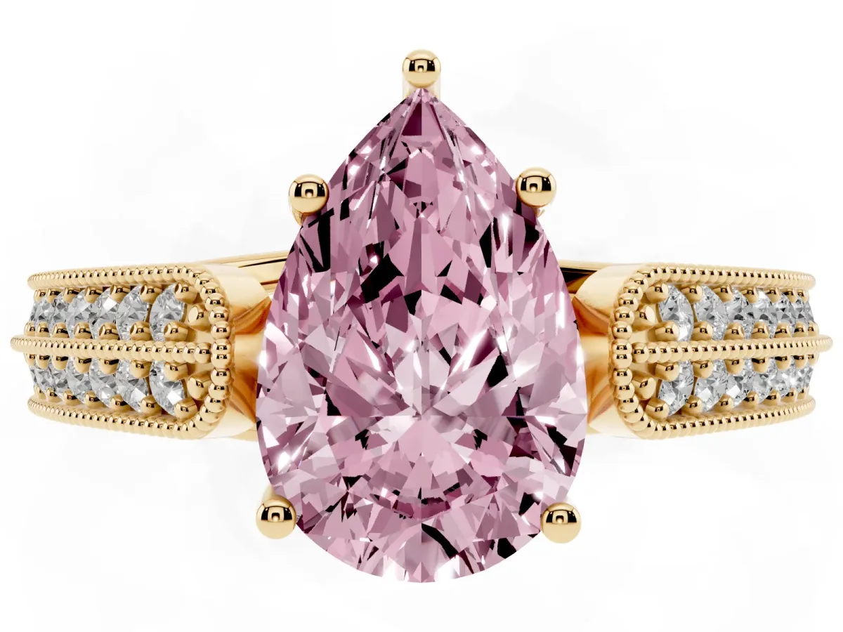 Fancy Pink Pear Cut Cut Pave Split Shank Engagement Ring with Four-Prong Setting Yellow gold