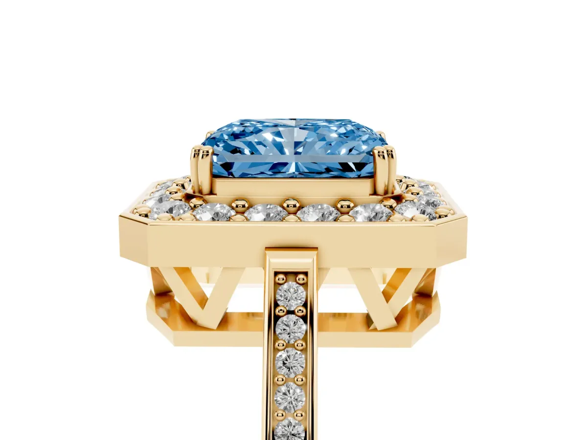 Fancy Blue Radiant Cut Diamond Halo Ring with Split Shank and Four-Prong Setting Yellow gold
