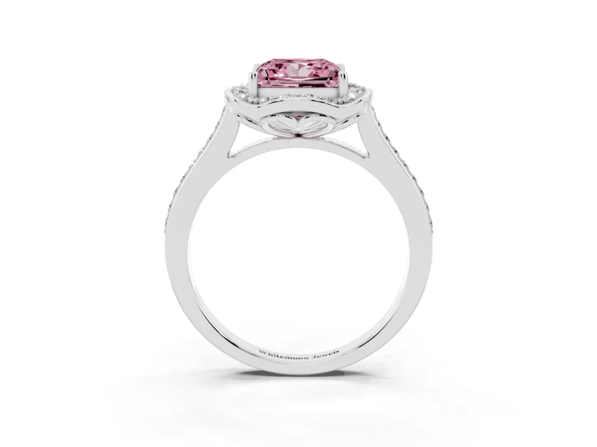 Fancy Pink Princess Cut Halo Round Diamond Pave Band with Four-Prong Setting Silver