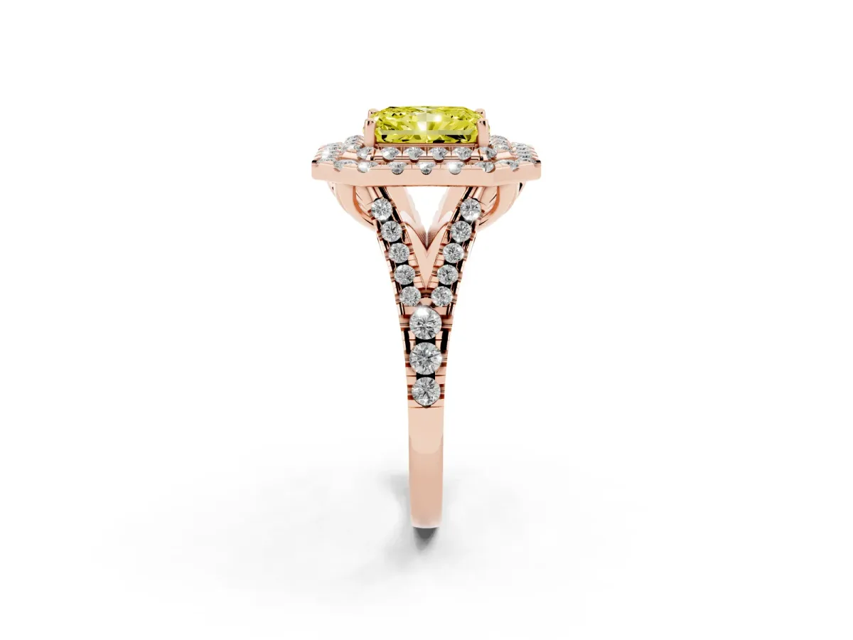 Fancy Yellow Double Halo Radiant Cut Diamond Pavé Split Shank Ring with Prong Setting Rose gold