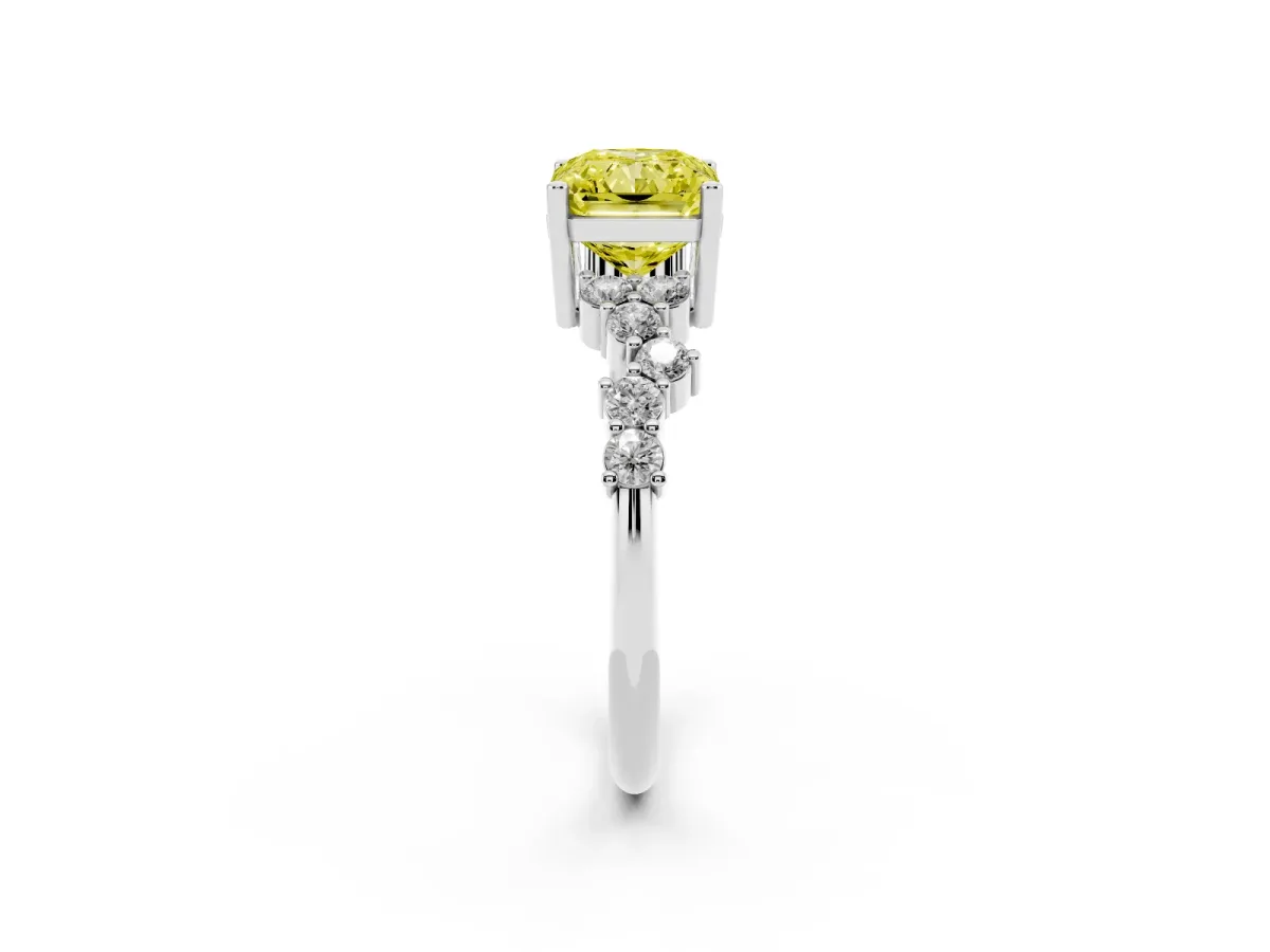 Fancy Yellow Radiant Cut Diamond Scattered Round Accent Ring with Prong Setting Silver