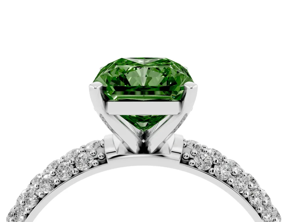 Fancy Green Radiant Cut Diamond Solitaire Ring with Prong Setting and Pavé Band Silver