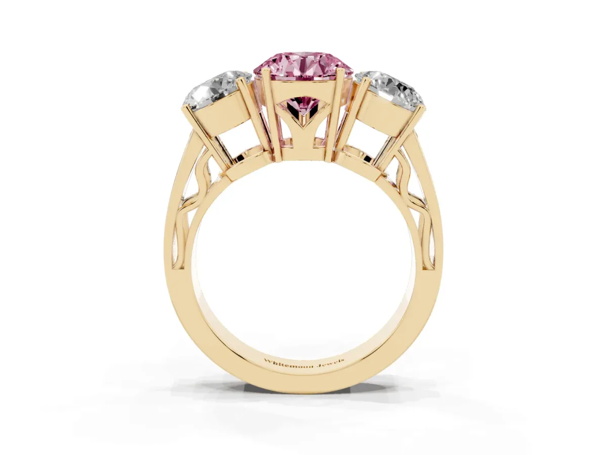Fancy Pink Round Cut Diamond Three-Stone Ring with Prong Setting and Textured Band Yellow gold