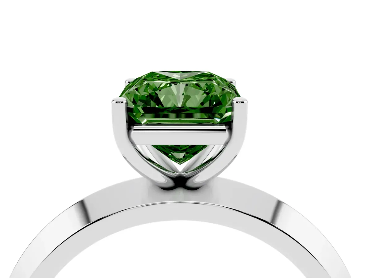 Fancy Green Radiant Cut Cut Solitaire Engagement Ring with Flat Band and Four-Prong Setting Silver