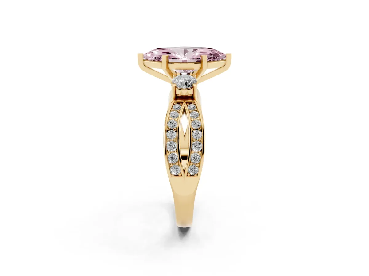 Fancy Pink Three-Stone Marquise Cut Cut Diamond Twist Band with Prong Setting Yellow gold