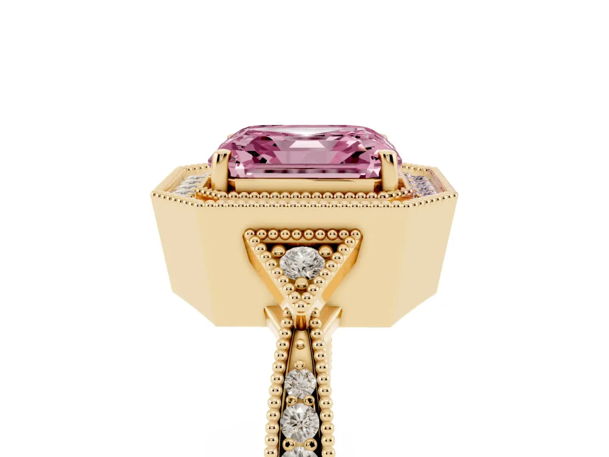 Fancy Pink Asscher Cut Halo Round Diamond Milgrain Pave Engagement Ring Yellow gold