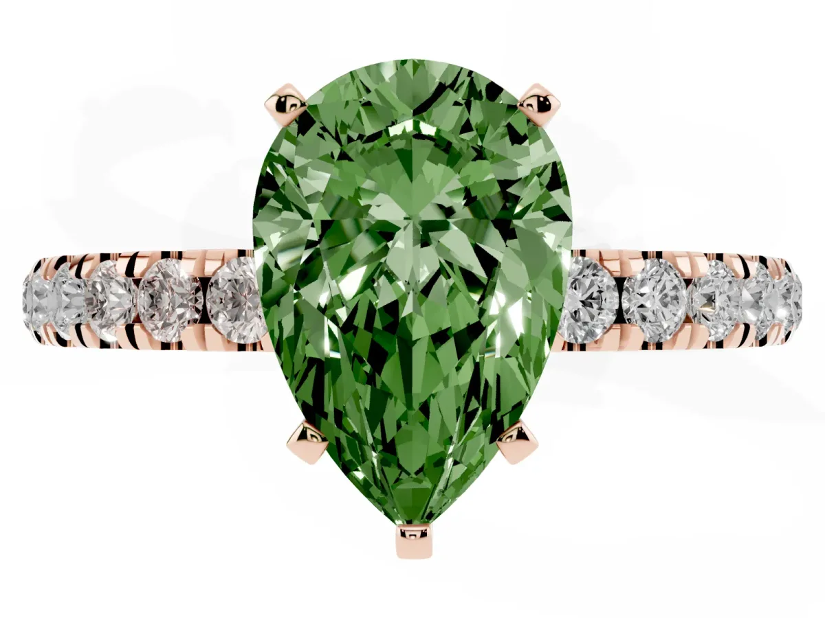 Fancy Green Pear Cut Diamond Solitaire Ring with Pavé Accents and Four-Prong Setting Rose gold