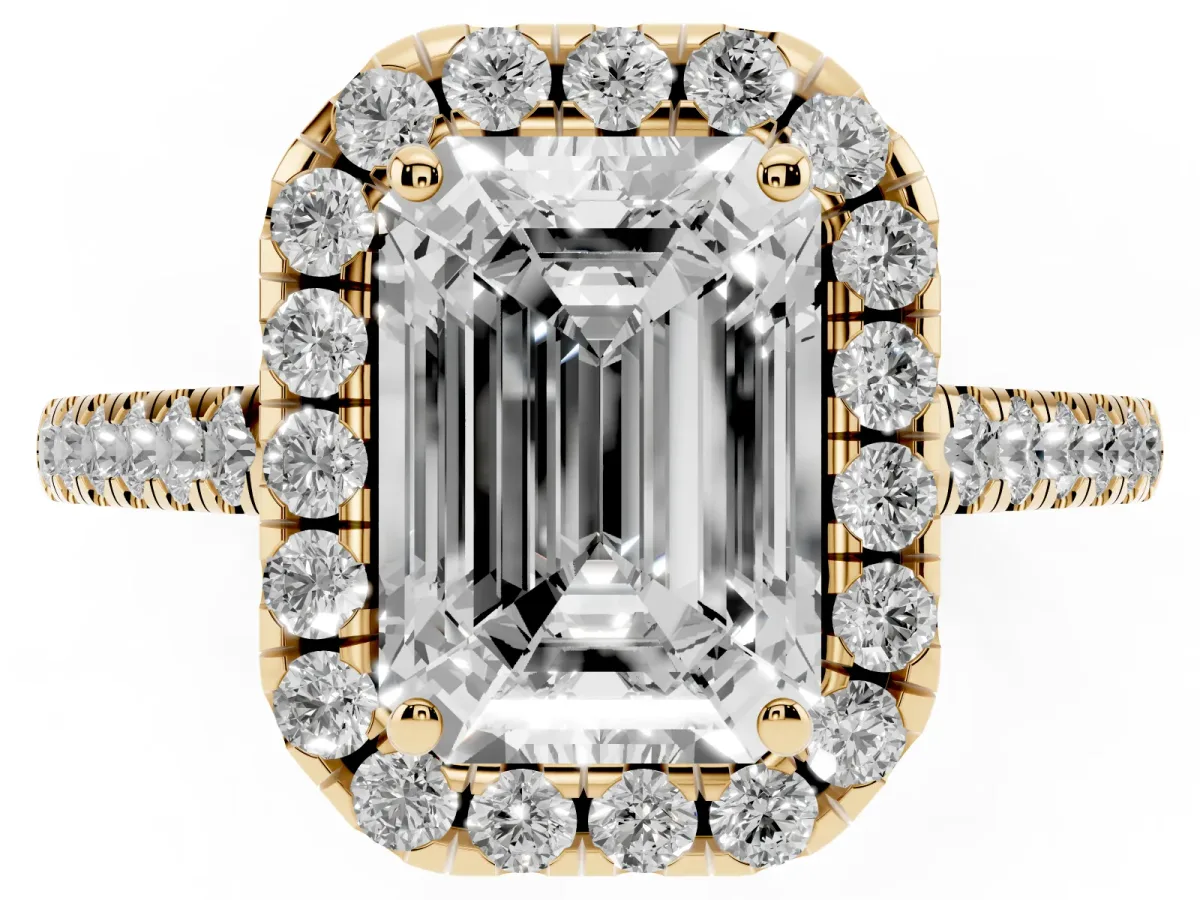 Emerald Cut Halo Pave Diamond Engagement Ring with Four-Prong Setting Yellow gold