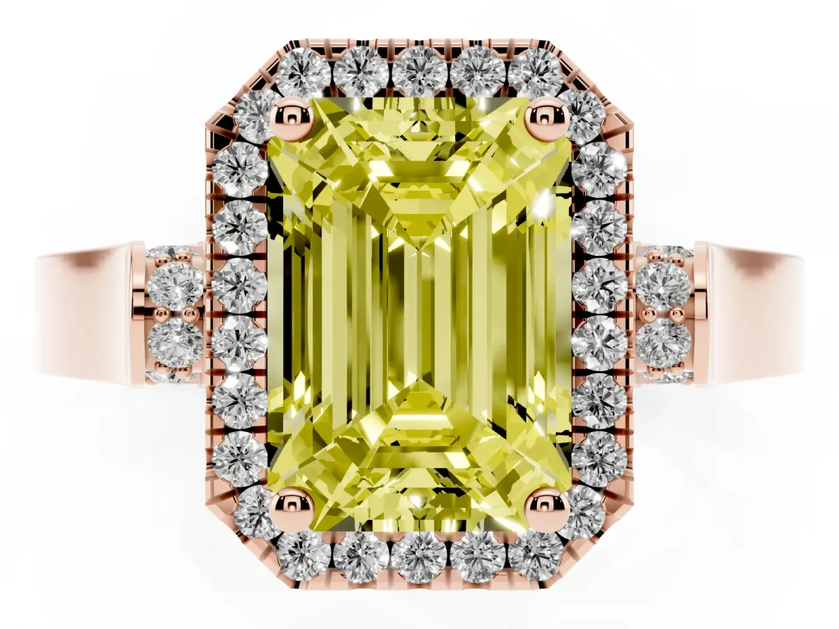 Fancy Yellow Emerald Cut Halo Round Diamond Twist Band with Four-Prong Setting Rose gold