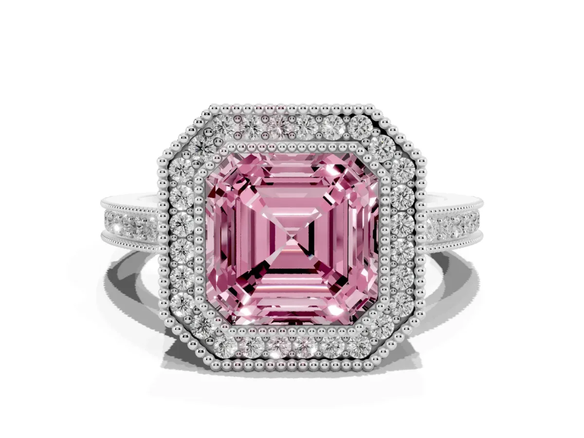 Fancy Pink Asscher Cut Cut Halo Diamond Ring with Pavé Band and Milgrain Prong Setting Silver