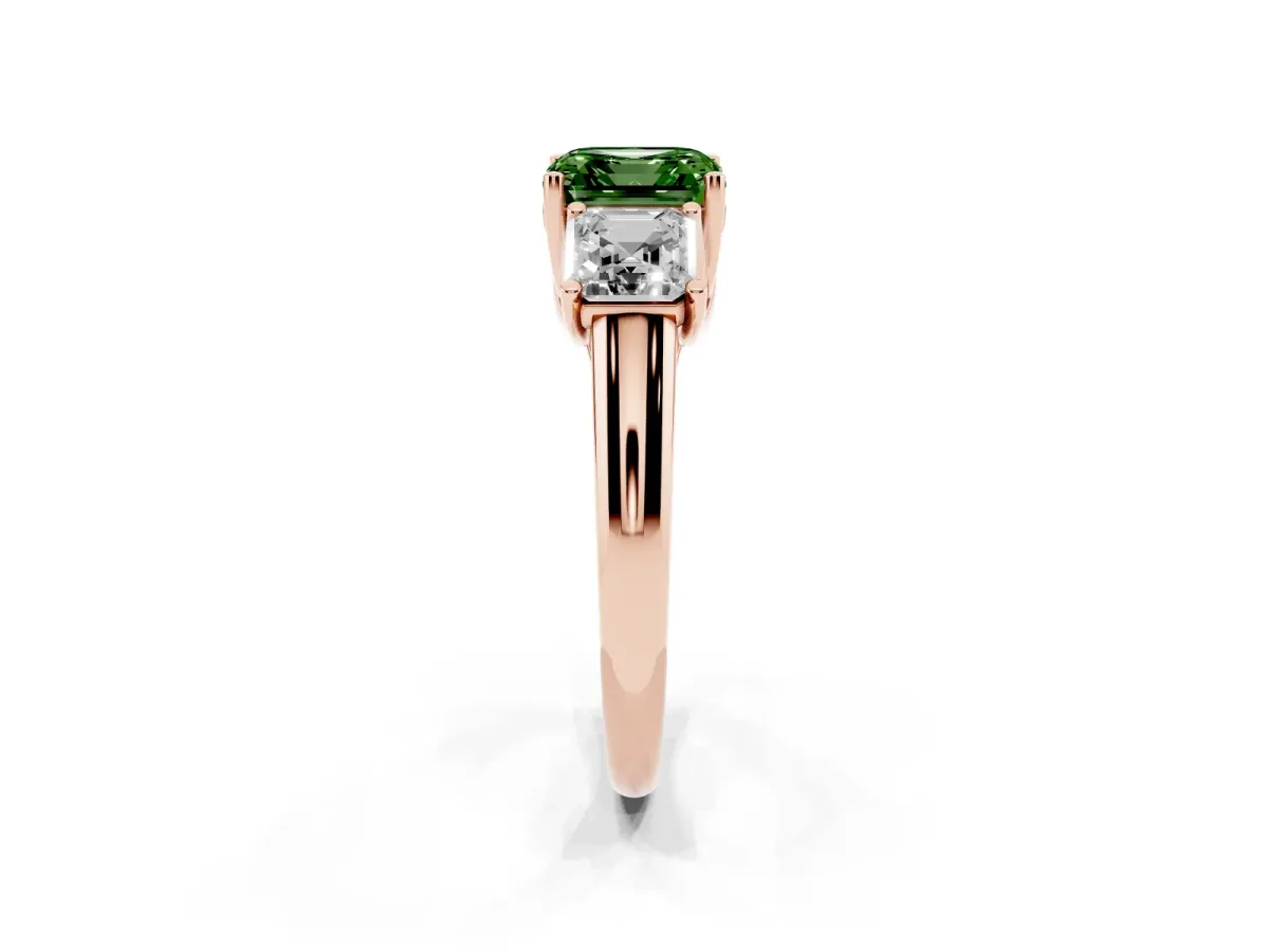 Fancy Green Three-Stone Asscher Cut Diamond Engagement Ring with Prong Setting Rose gold