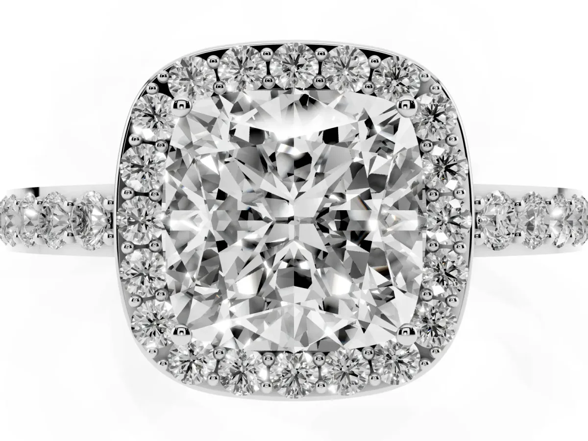 Cushion Cut Halo Diamond Pavé Band Ring with Prong Setting Silver