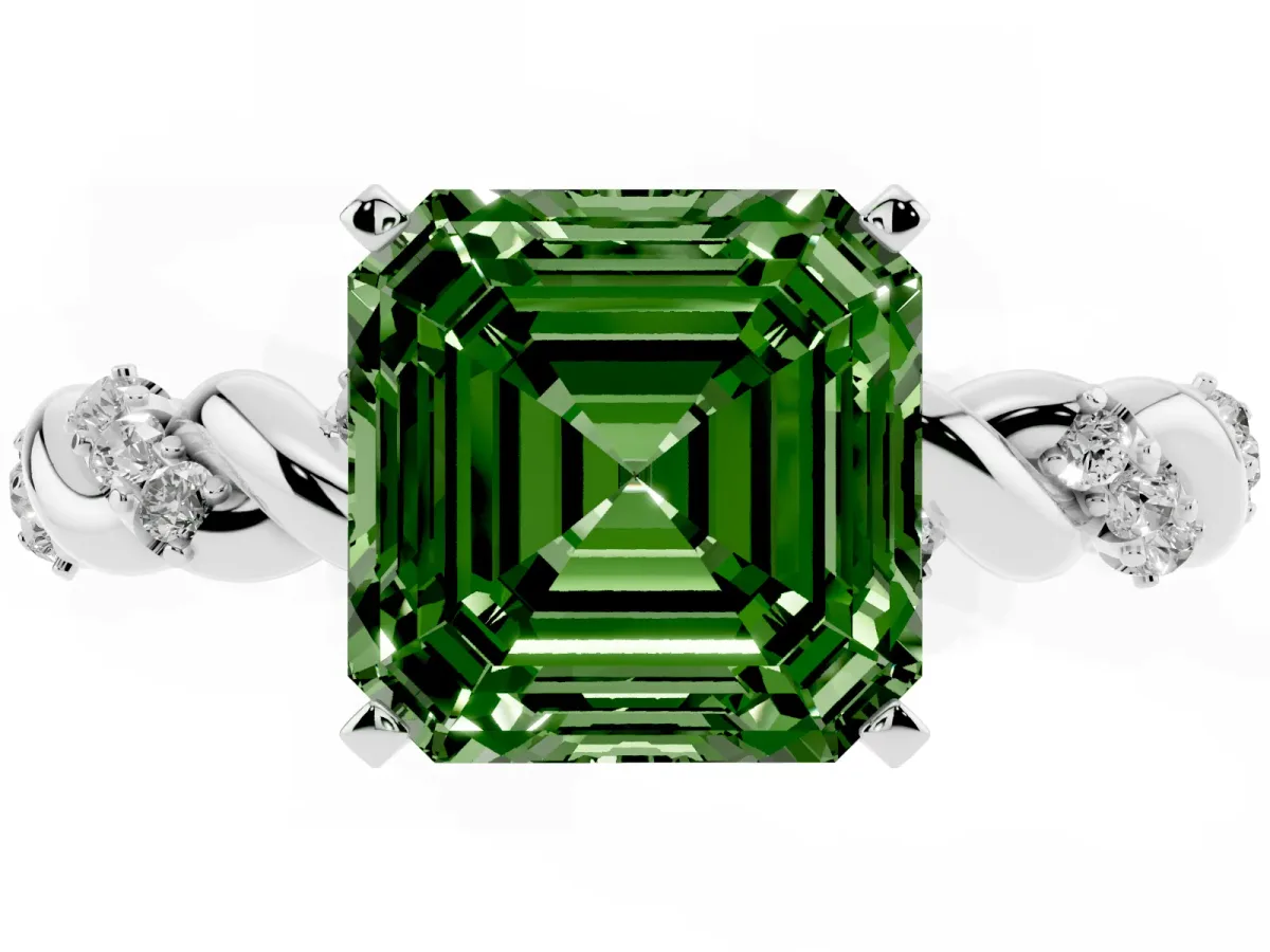 Fancy Green Asscher Cut Diamond Solitaire Ring with Twisted Band and Pavé Accents Silver