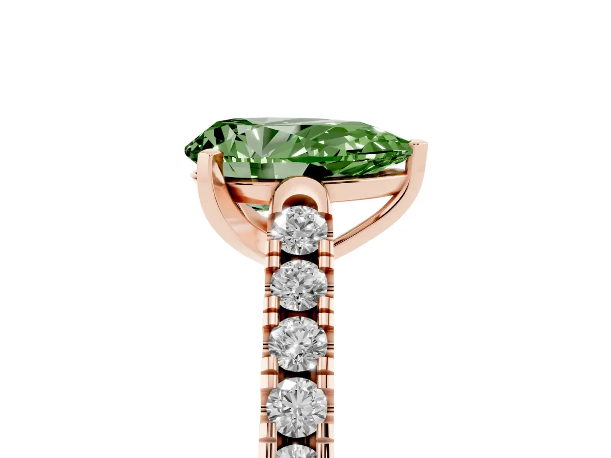 Fancy Green Pear Cut Diamond Pavé Band Solitaire Ring with Prong Setting Rose gold