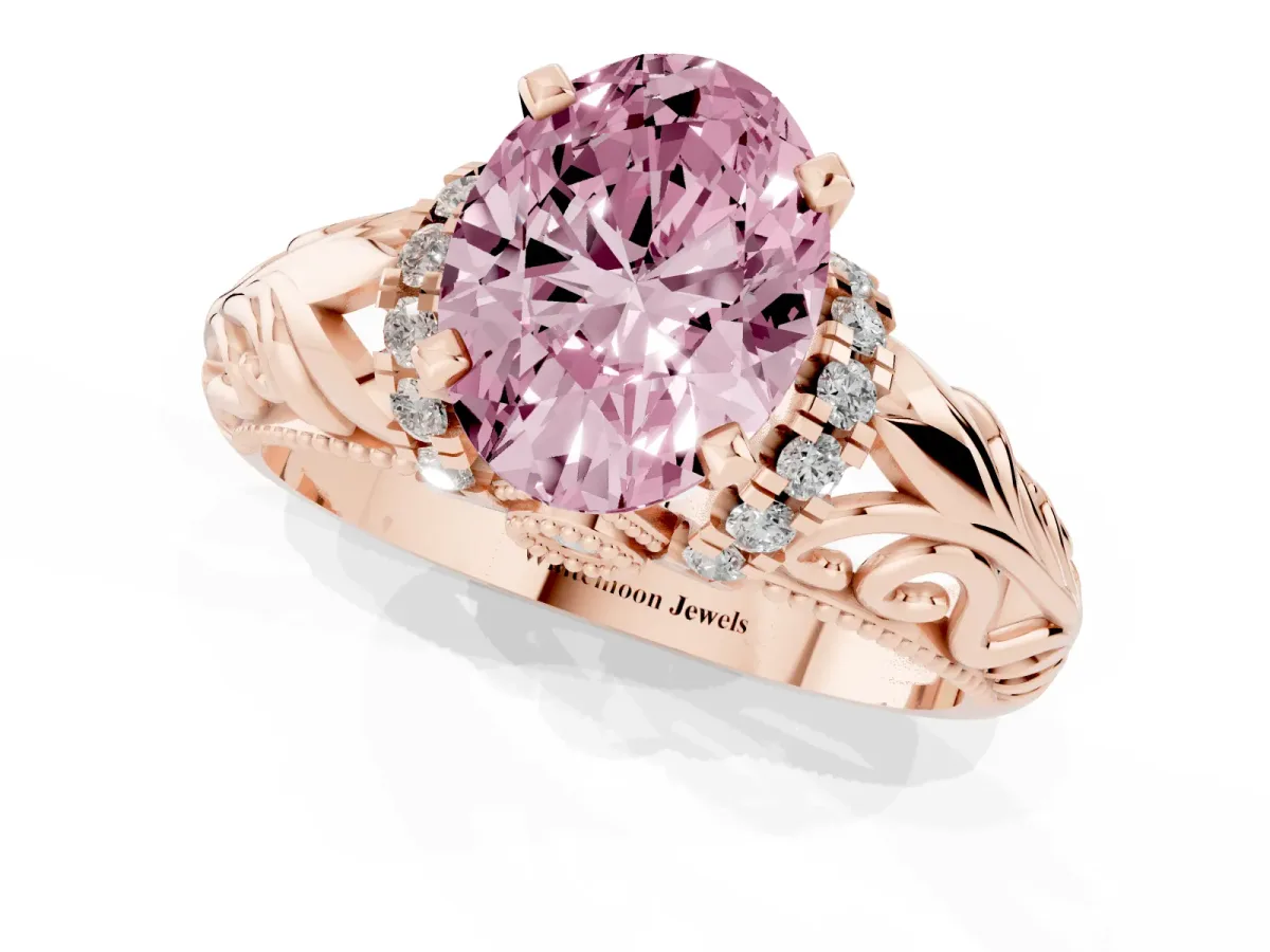 Fancy Pink Oval Cut Solitaire Filigree Engagement Ring with Halo and Prong Setting Rose gold