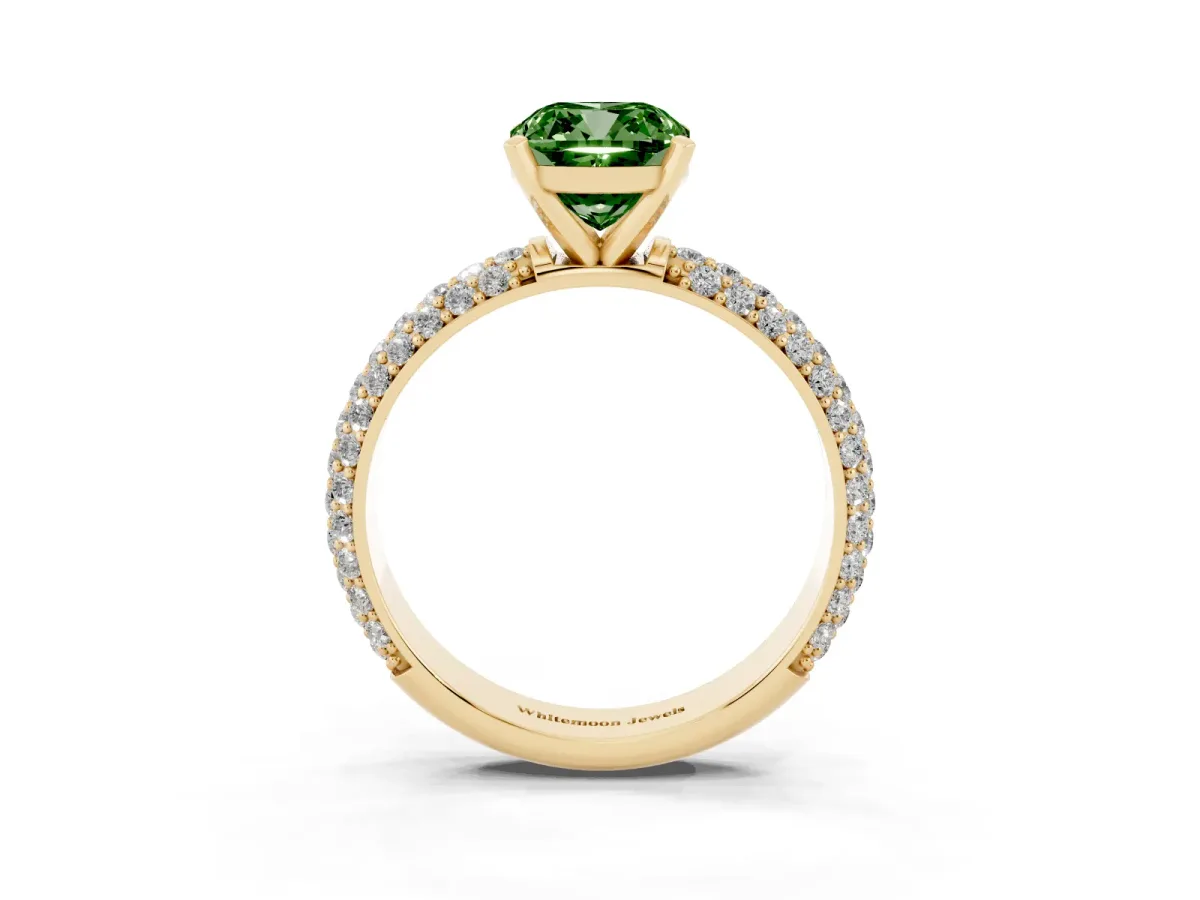 Fancy Green Cushion Cut Diamond Solitaire Ring with Prong Setting and Pavé Band Yellow gold